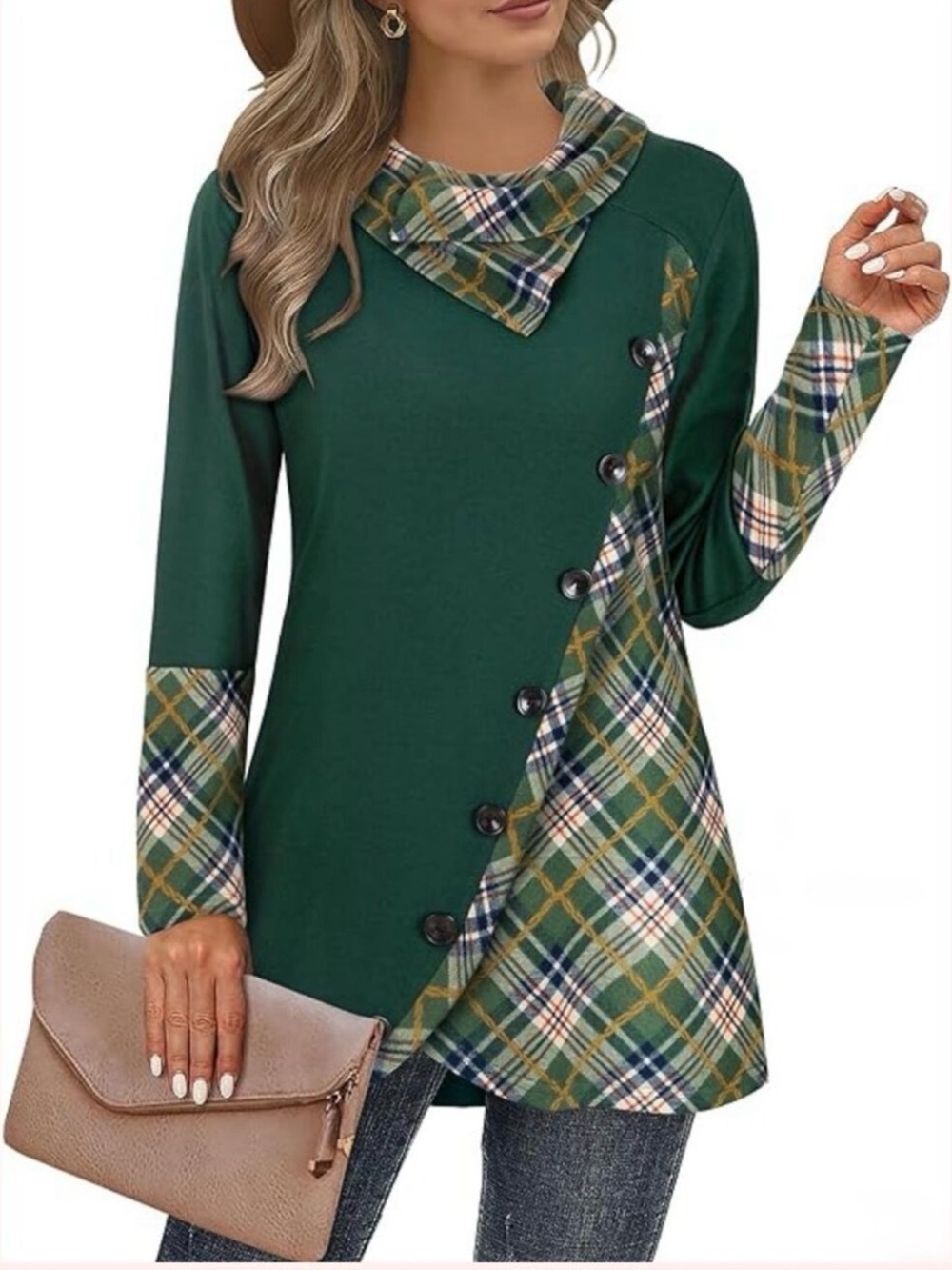 Cestyle Plaid-Accent Dark Green Asymmetrical Hem Long Sleeve Tunic Top Sz L, NWT